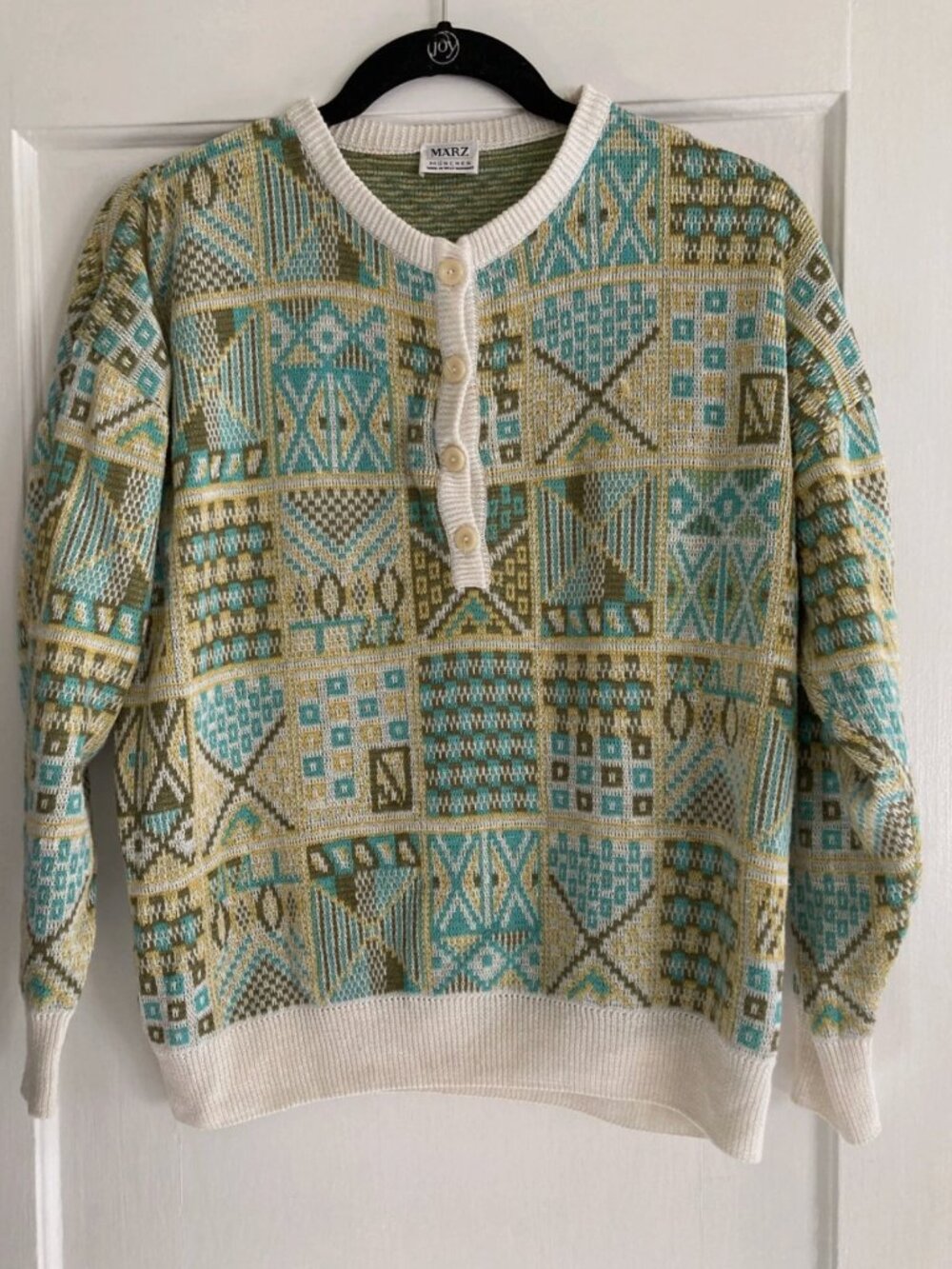Vintage Marz Munchen Henley Sweater Womens Size 14 Geometric Pattern Knit Top